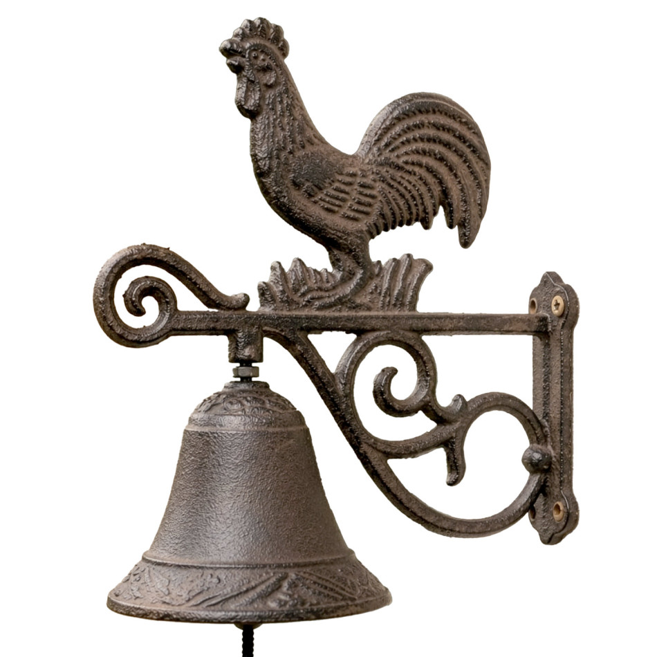 Cast iron rooster wall bell with scrollwork bracket shown on a white background