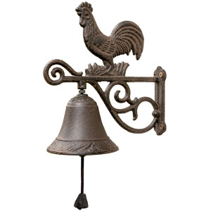 Full view of the rooster wall bell with long pull cord on a white background