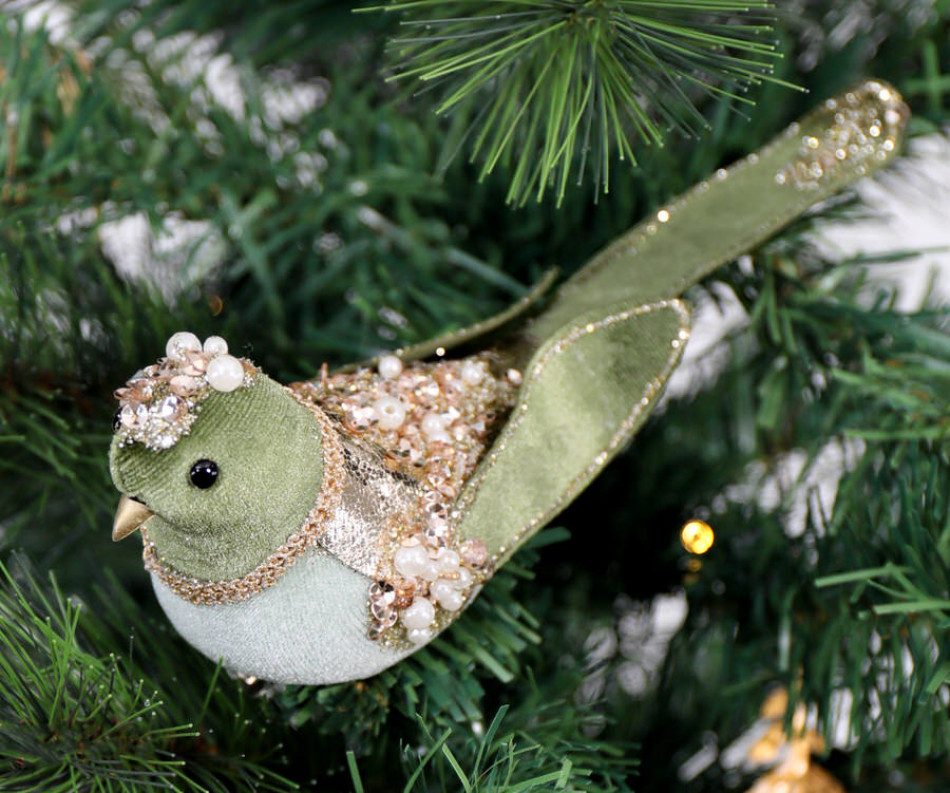 Rosalie Green Velvet Bird Christmas Decoration