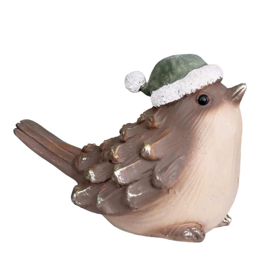 Brown and cream resin bird wearing a green Christmas hat against a white background