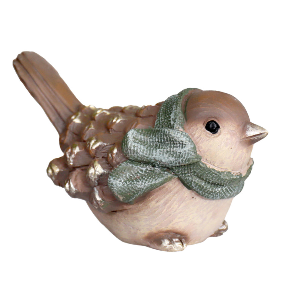 Brown and cream resin bird with a green scarf and textured wings against a white background