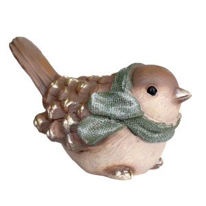 Brown and cream resin bird with a green scarf and textured wings against a white background