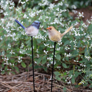 Set 2 Fairy Wren Stakes Garden Decor, a sculptural decorative accent for shelf, console or tabletop styling