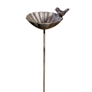 Beatty cast iron bird feeder with a flower-shaped dish, decorative bird and long stake on a white background