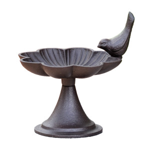 Loville cast iron bird feeder with scalloped bowl, pedestal base and decorative bird on a white background