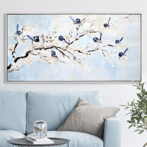 Mayfield Blue Fairy Wren Framed Canvas Painting, presented as decorative artwork for creating a focal point on a wall