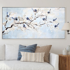 Mayfield Blue Fairy Wren Framed Canvas Painting, decorative wall artwork for an interior display