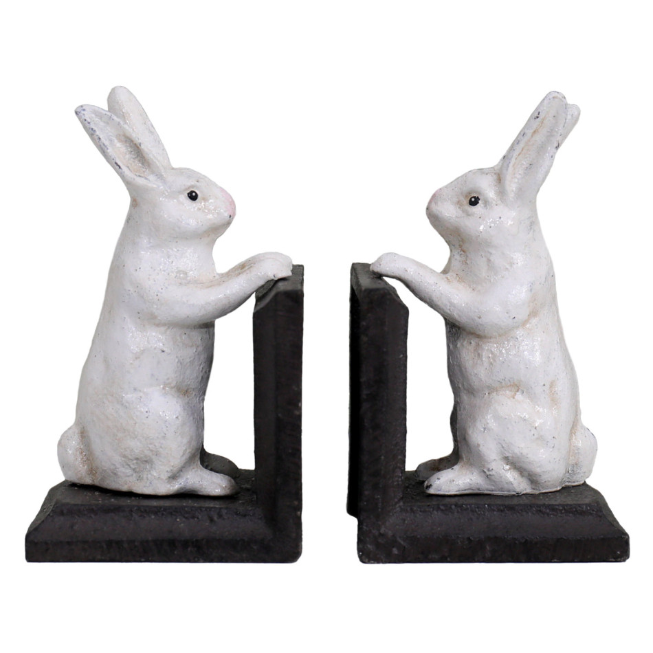 Front view of the two white bunny bookends with dark brown L-shaped bases on a white background