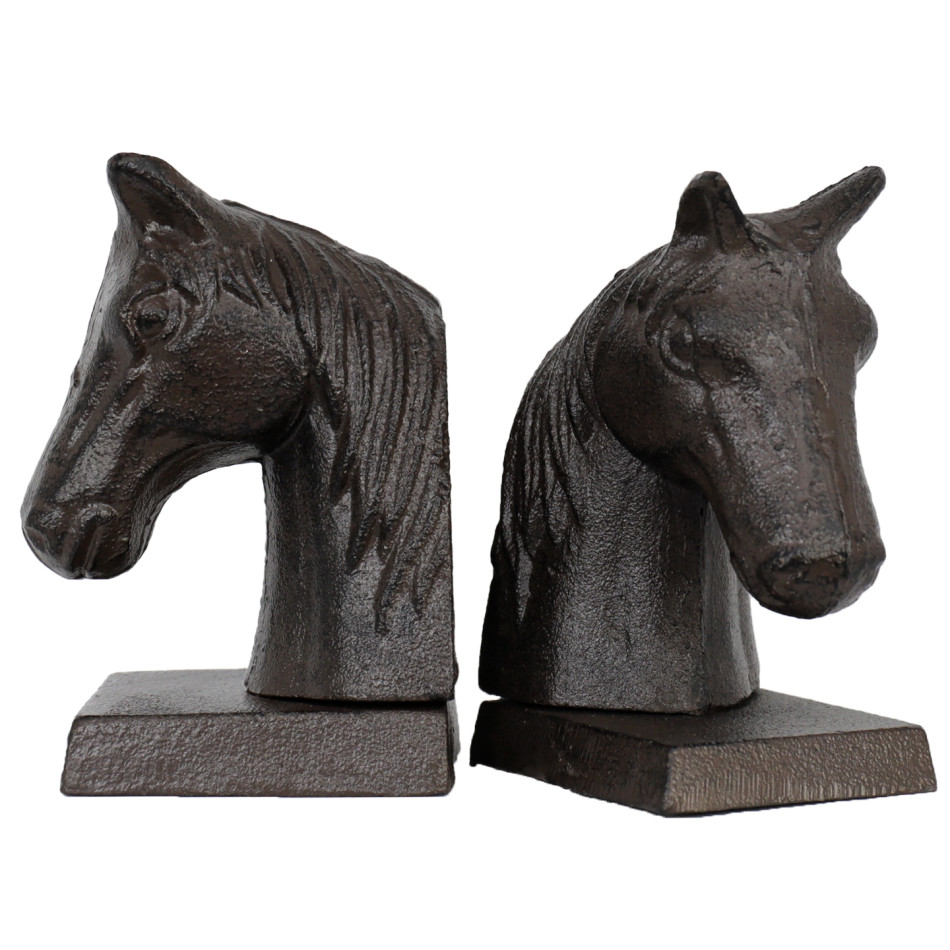 Two detailed cast iron horse-head bookends shown together on a white background