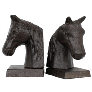 Two detailed cast iron horse-head bookends shown together on a white background