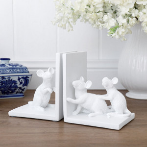 Set 2 Tiny Tails White Mouse Bookends, decorative home accessory