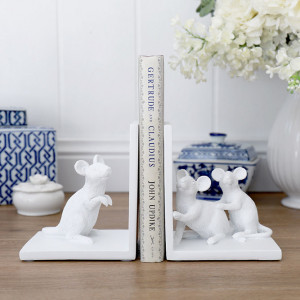Set 2 Tiny Tails White Mouse Bookends, a decorative pair or piece for supporting books