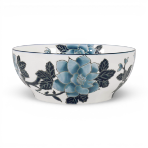 Blue and white ceramic serving bowl with handpainted blue camellias and navy leaves
