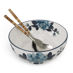 Hamptons style ceramic serving bowl with salad servers