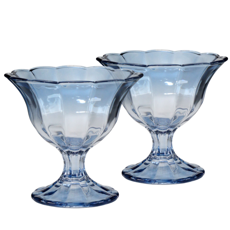 Set of two soft blue footed glass dessert bowls with fluted sides and scalloped rims