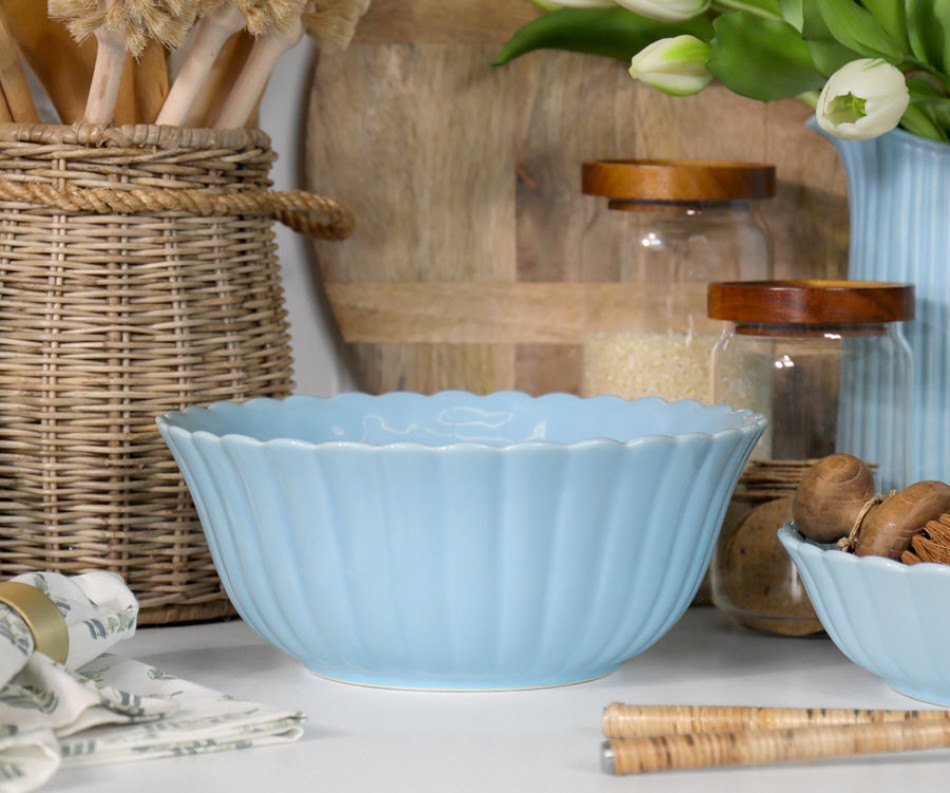 Large Cornflower Blue Fluted Serving Bowl