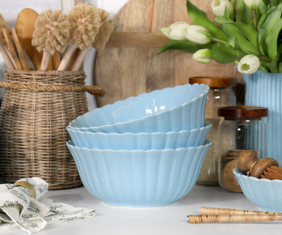 Large Cornflower Blue Fluted Serving Bowl