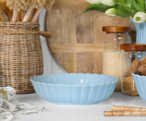 Shallow Cornflower Blue Fluted Serving Bowl