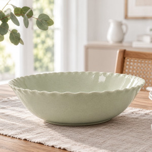 Maeve soft green stoneware serving bowl with a scalloped rim on a linen runner on a timber dining table