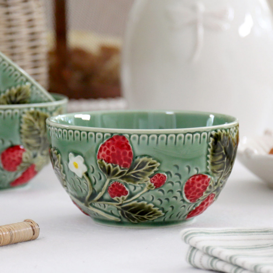 Wild Strawberry Green Bowl, a tabletop piece for serving or decorative display