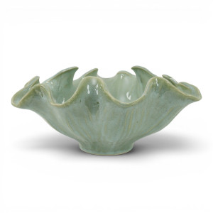Selena sea green ceramic display bowl with a deeply waved rim and fluted sides against a white background