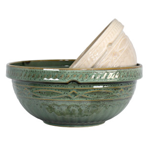 Large vintage green ceramic mixing bowl with embossed decorative bands