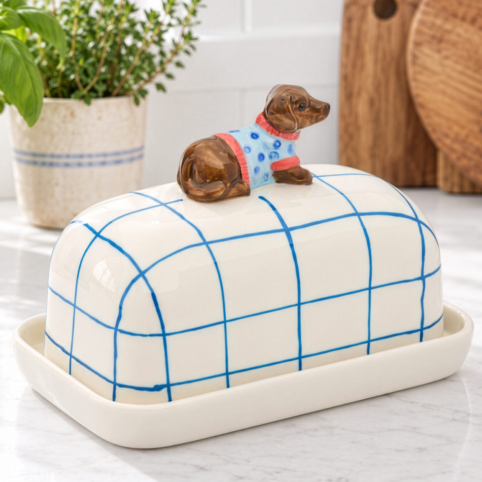 Hugo Dog Butter Dish with blue check cover styled on a bright kitchen bench