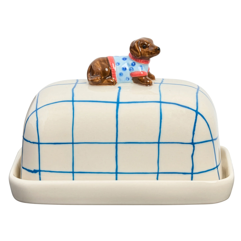 Front view of the porcelain butter dish with a hand-painted dachshund topper