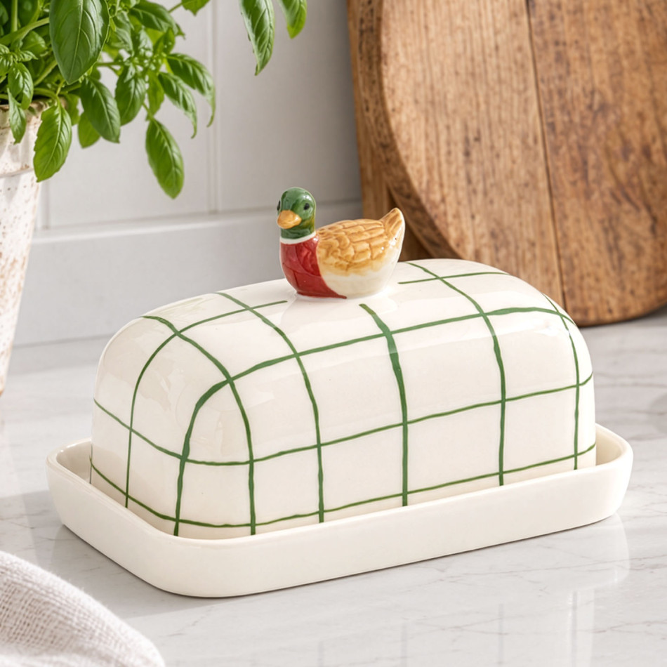 Dante Duck Butter Dish with green checked cover styled on a country kitchen bench