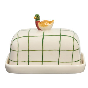 Front view of the porcelain butter dish with a hand-painted mallard duck topper