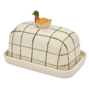 Angled front view showing the colourful duck topper and rectangular porcelain base