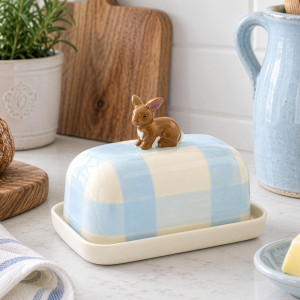 Close view of Rosie Rabbit butter dish styled on a light kitchen benchtop