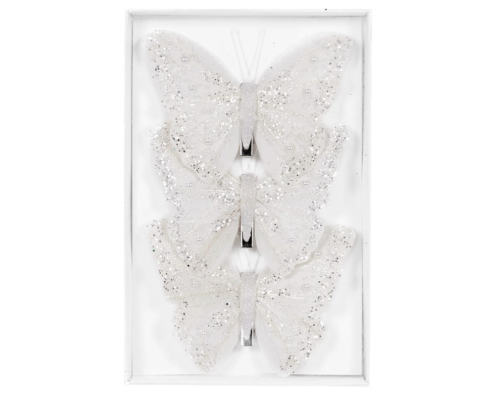 Set 3 White Glitter Butterfly Decorations