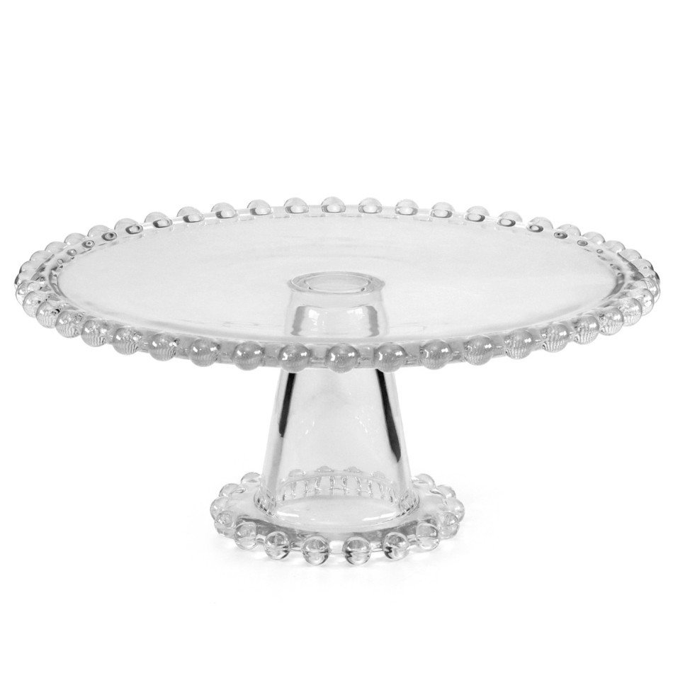 Clear glass pedestal cake stand with beaded edging around the round plate and base