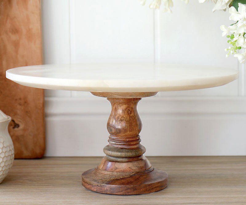 Alexis Marble Cake Stand Turned Wood Base