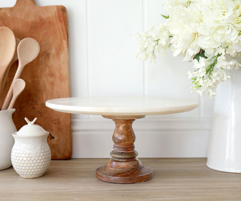 Alexis Marble Cake Stand Turned Wood Base