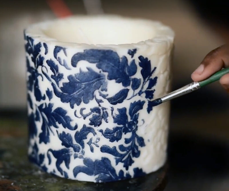 Ivory Damask Handpainted Drum Candle - 9.5cm