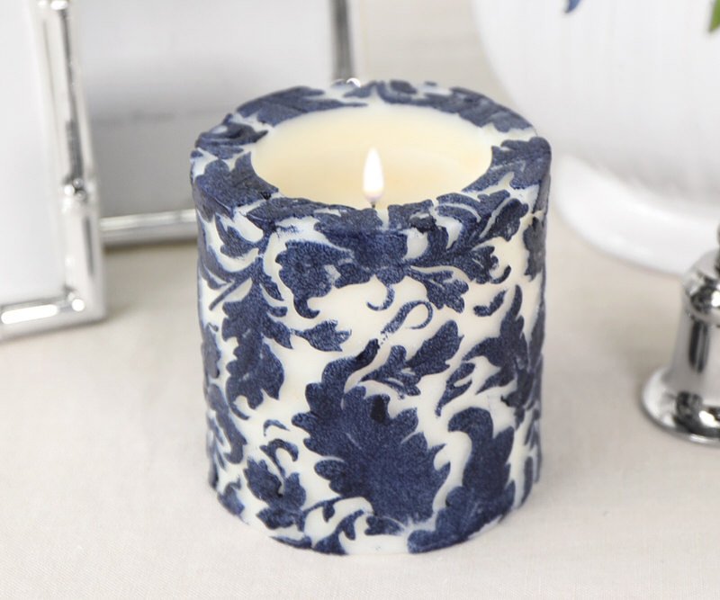 Small Navy Damask Handpainted Candle - 7.5cm