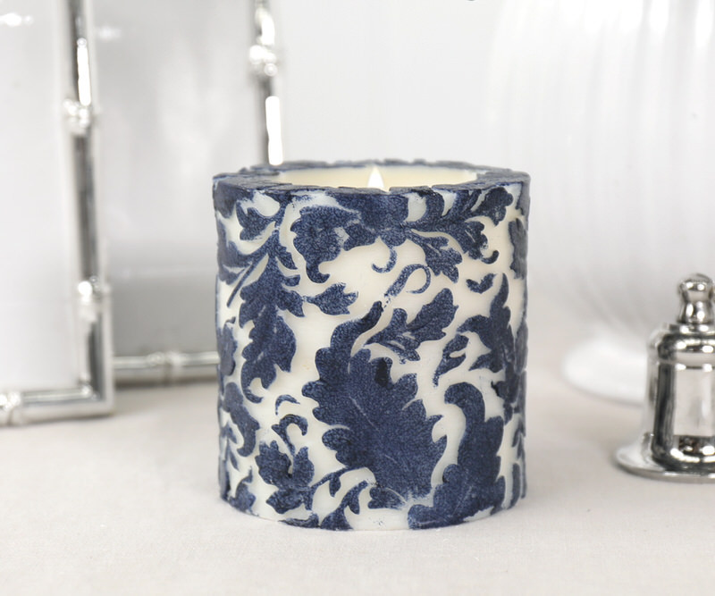 Small Navy Damask Handpainted Candle - 7.5cm