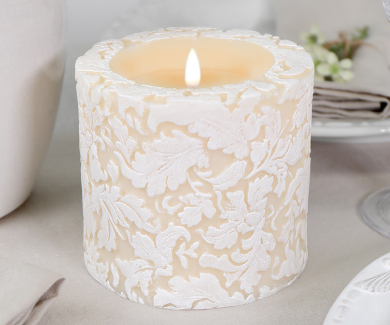 Ivory Damask Handpainted Candle - 10cm