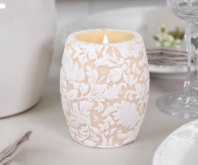 Ivory Damask Handpainted Drum Candle - 9.5cm