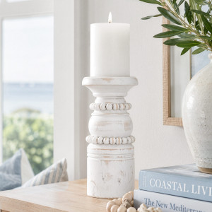 Tall Rosario Whitewash Beaded Candle Holder, indoor occasional table