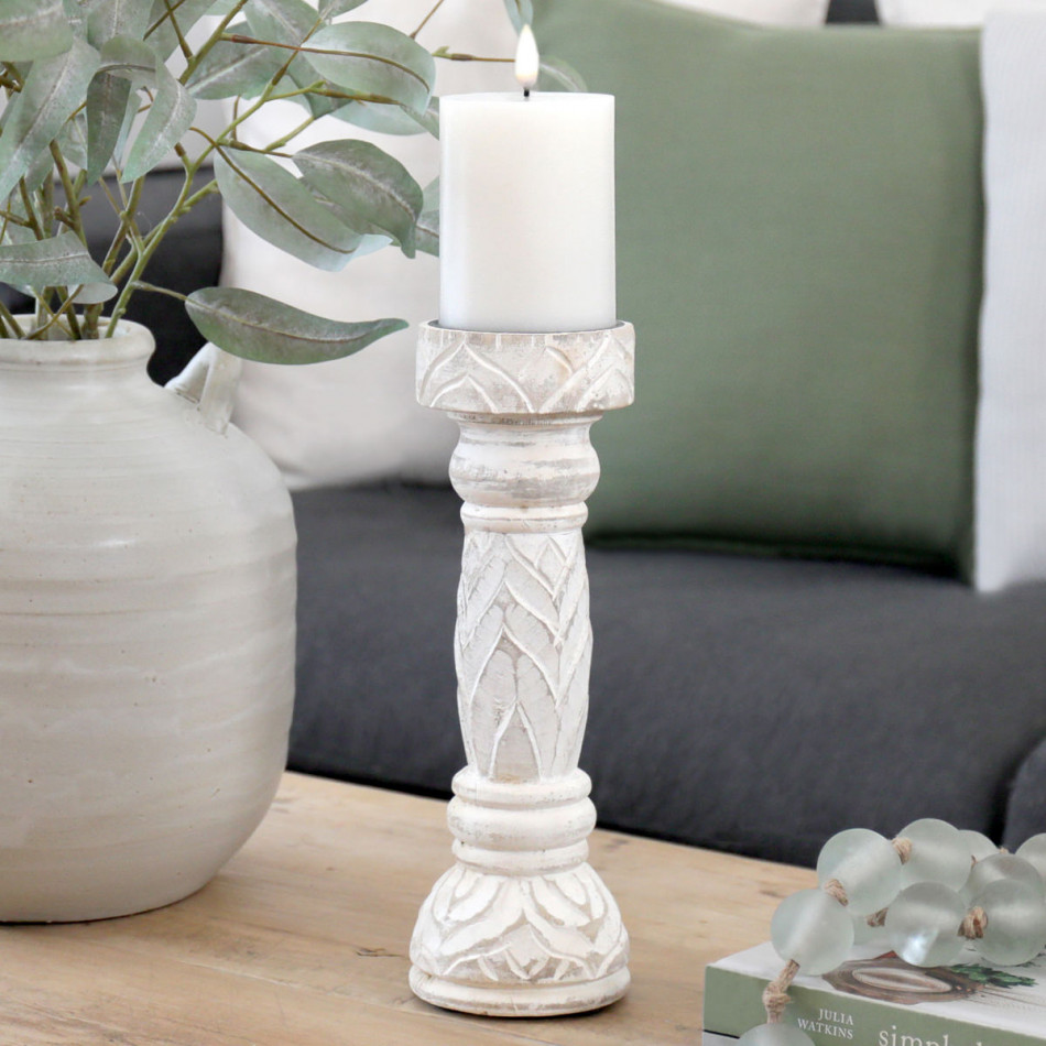 Bangalow Whitewash Wooden Candlestick, a decorative piece for displaying candlelight