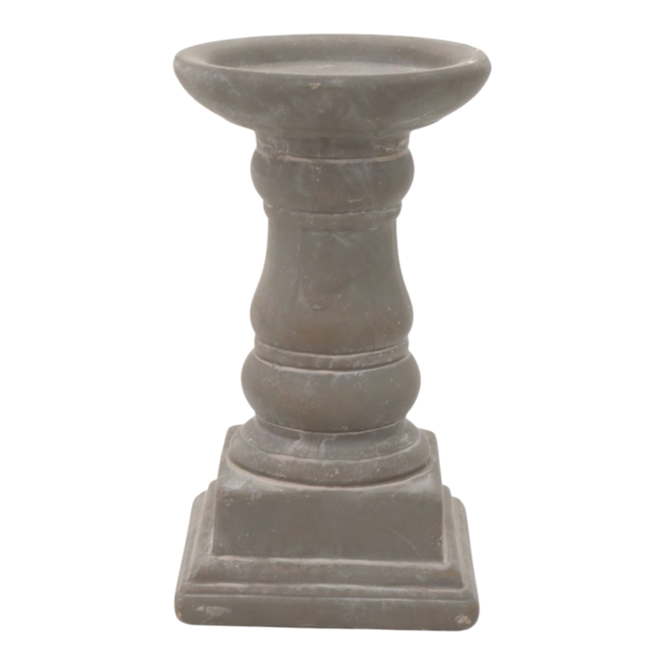 Short Elstead grey cement candle holder with a round dish, curved stem and stepped square base