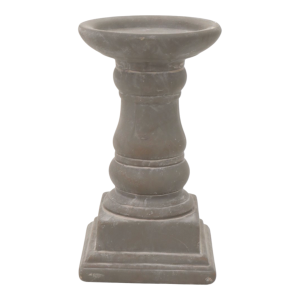 Short Elstead grey cement candle holder with a round dish, curved stem and stepped square base