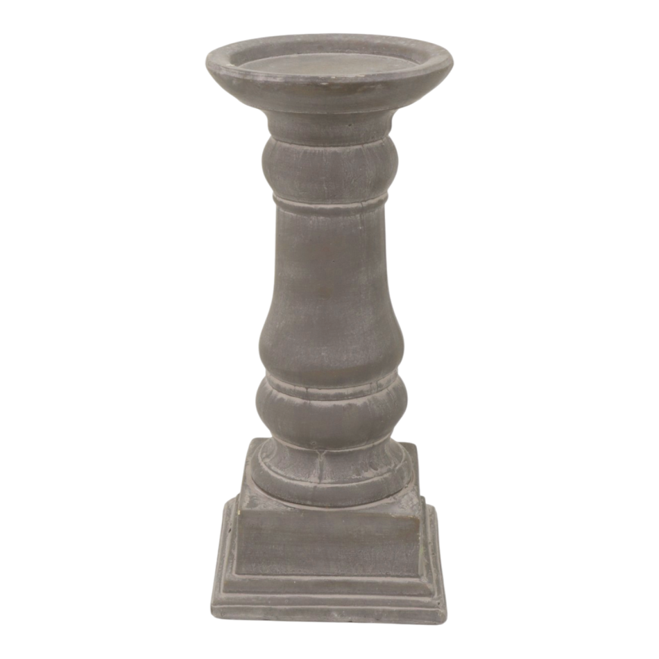 Tall Elstead grey cement candle holder with a distressed finish, turned-style stem and stepped square base