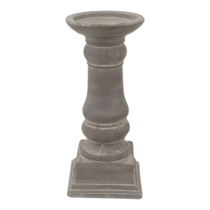 Tall Elstead grey cement candle holder with a distressed finish, turned-style stem and stepped square base