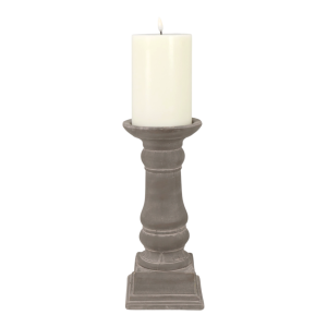 Tall Elstead grey cement candle holder shown with an ivory pillar candle