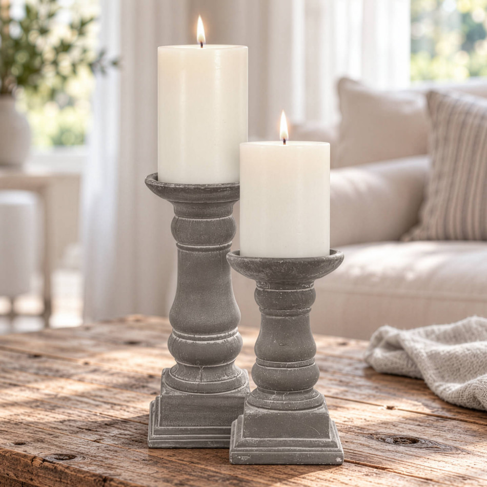 Short and tall Elstead grey cement candle holders with ivory pillar candles on a rustic wood table