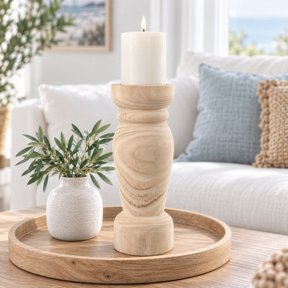 Corinth natural wood candle holder with an ivory candle on a timber tray beside a ceramic vase